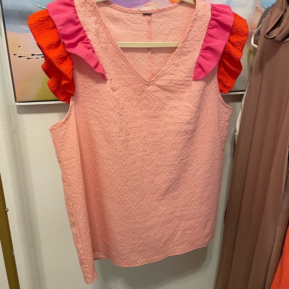 Pink and‎ Orange Ruffle Sleeve Blouse women’s summer vacation party